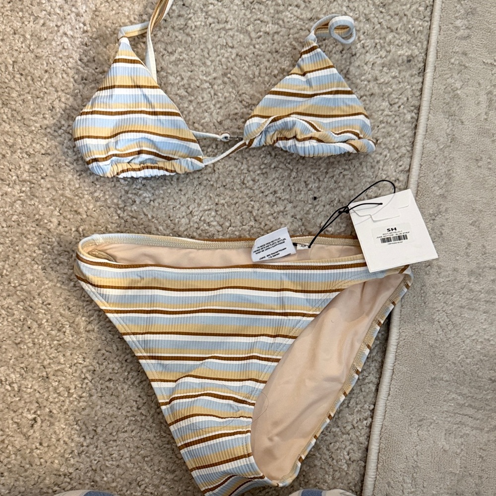 Striped Bikini Set in Blue and Tan